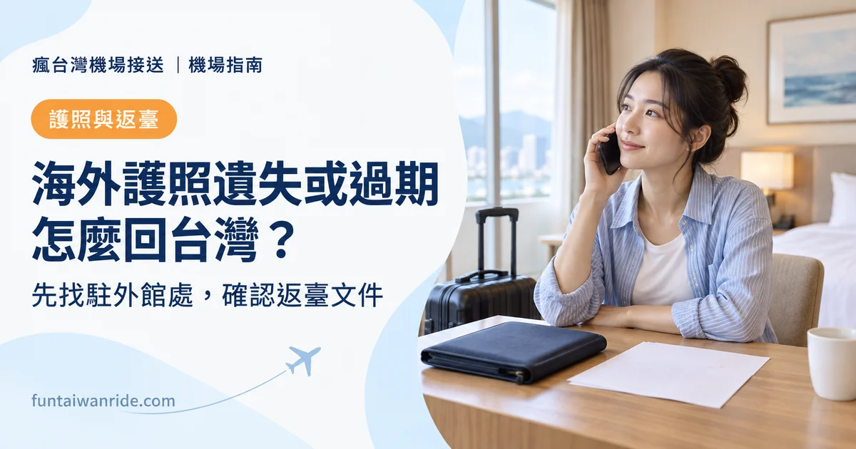 台灣旅客在海外準備護照遺失報案與返臺文件的圖卡