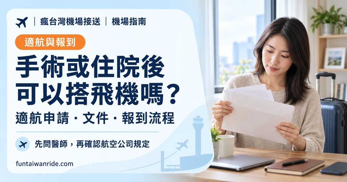 旅客在家整理適航申請與航班文件,旁邊備有旅行箱