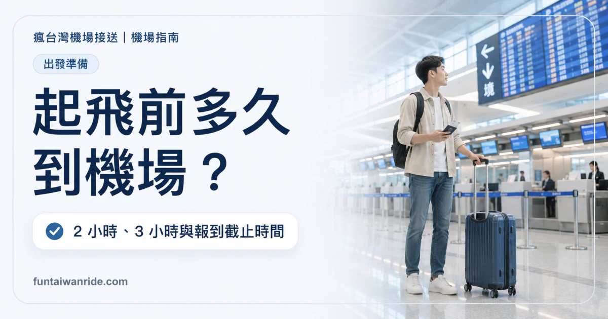 桃園機場起飛前多久到,2 小時、3 小時與報到截止時間圖卡